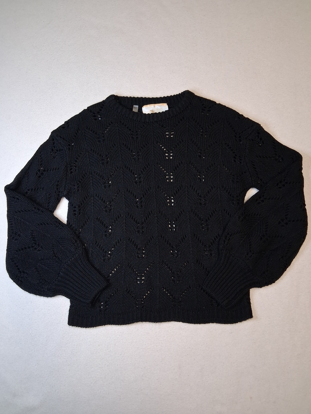 Women's Black Open-Knit Crewneck Sweater